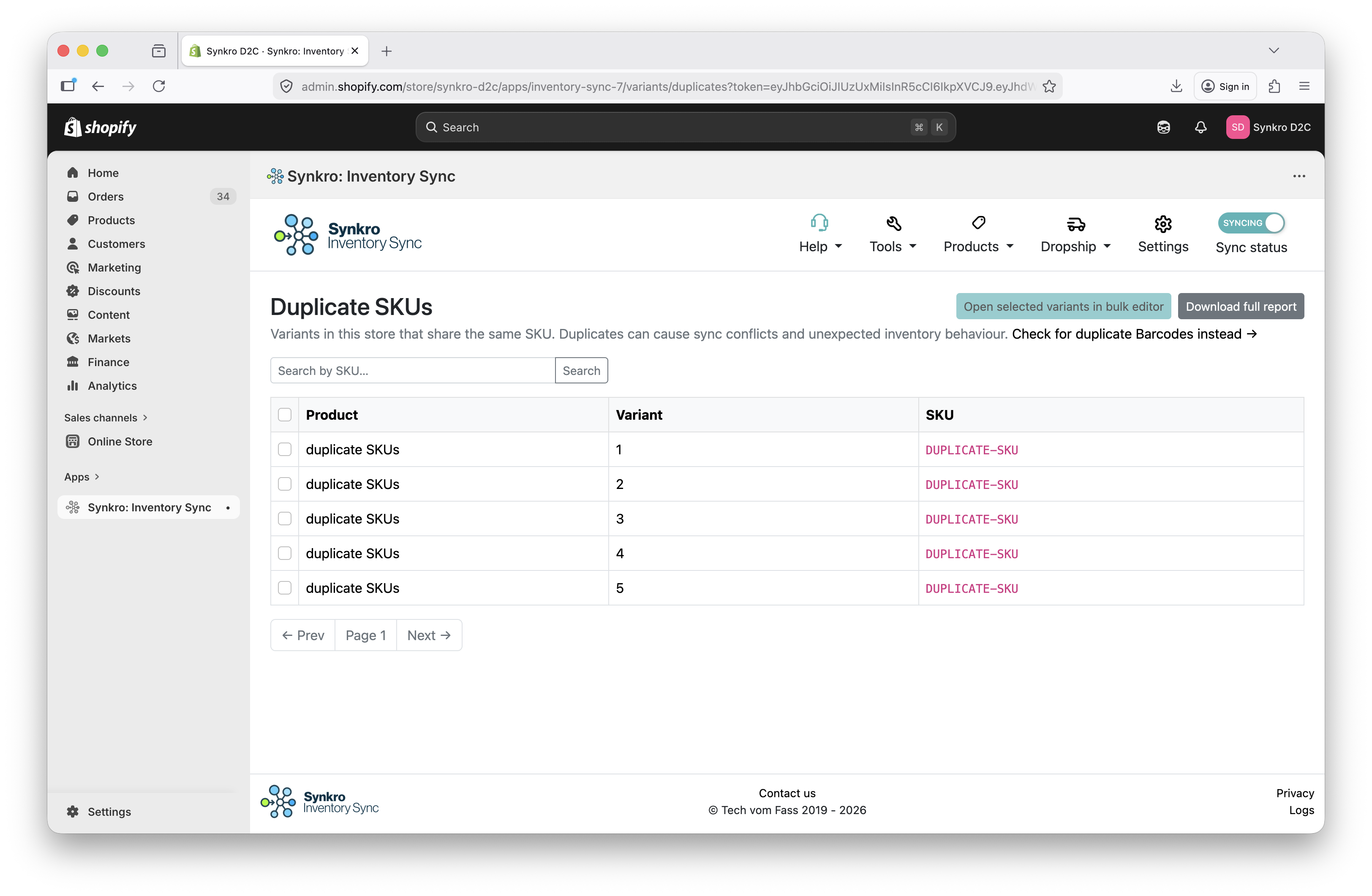 Duplicate SKU & barcode tool. 5 variants with the same DUPLICATE-SKU