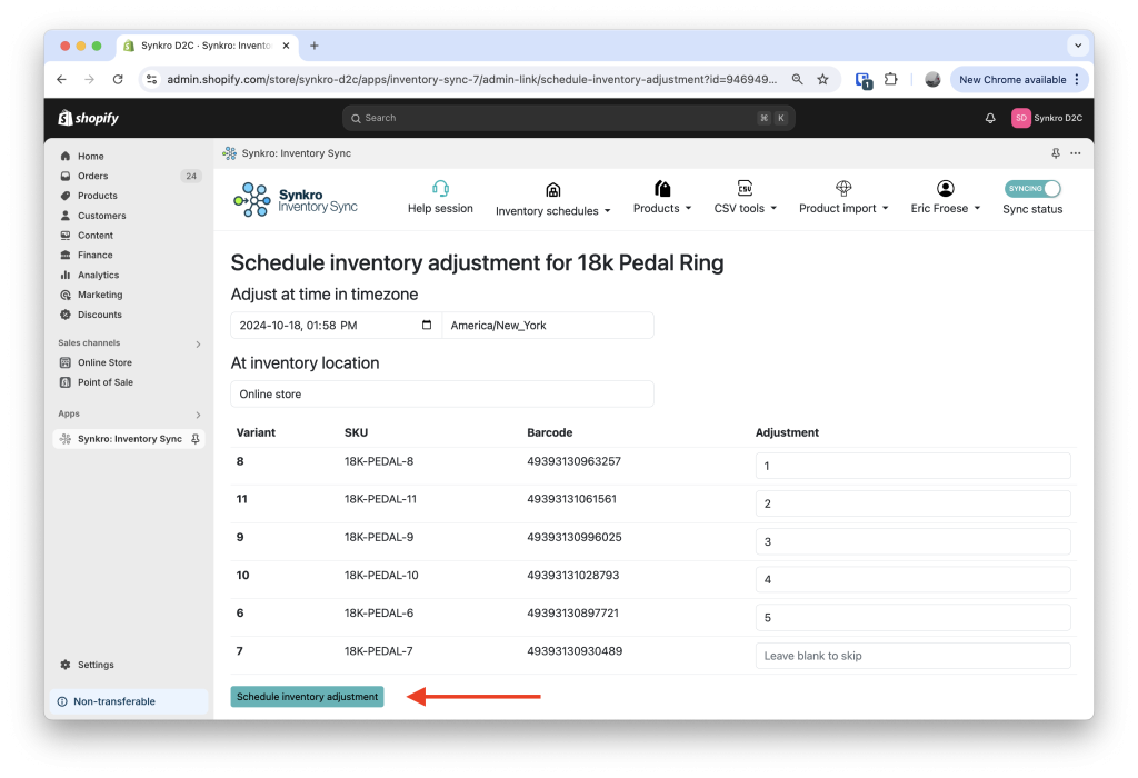 Inventory Adjustment Schedules - Documentation - Synkro