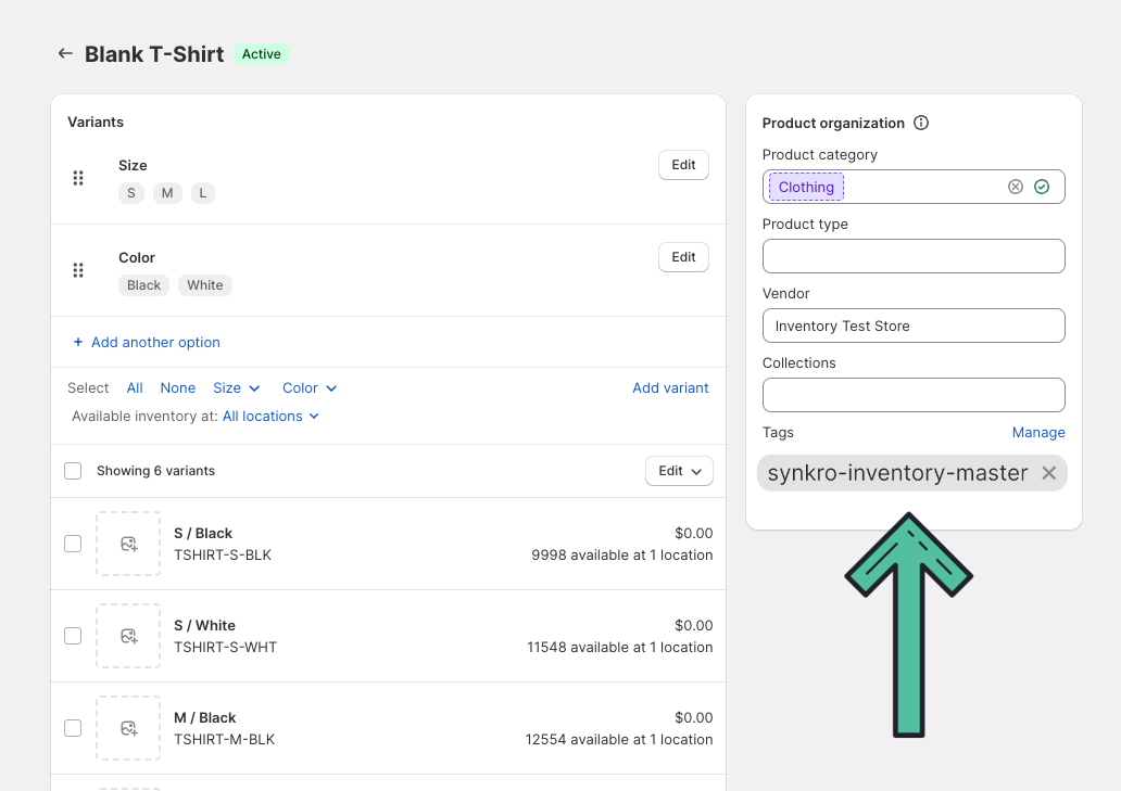 Add the tag synkro-inventory-master to the product which will serve as your master inventory product