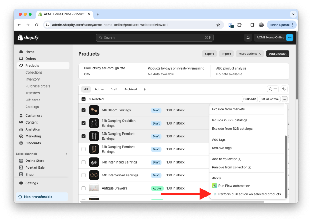 Select the products which you'd like to clone, then navigate to the Perform bulk action on selected products admin link